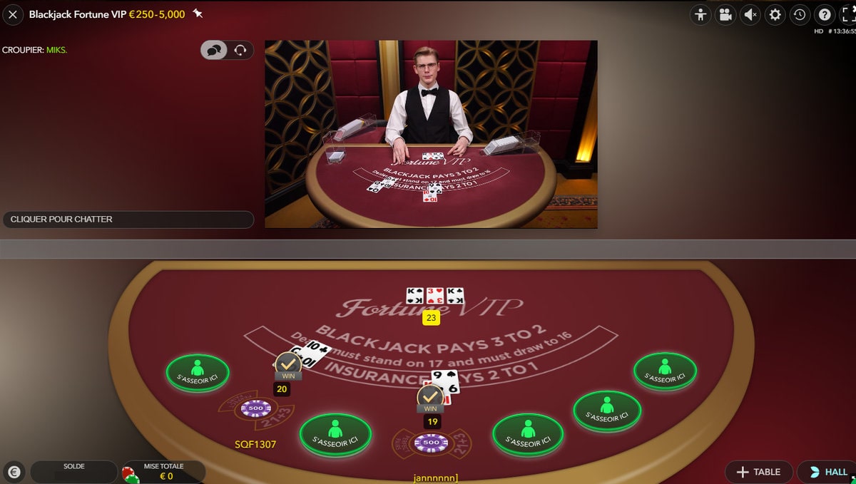 Plan de vue des tables virtuelle et reelle de la Blackjack Fortune VIP