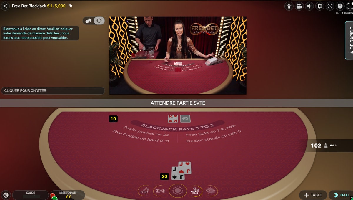 Croupier en direct sur la table Free Bet Blackjack