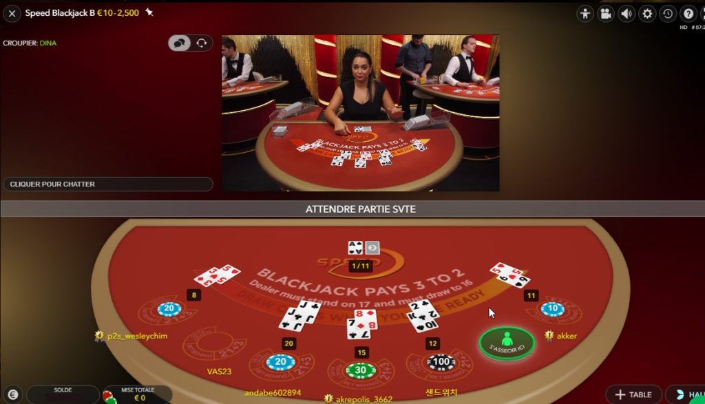 Speed Blackjack avec tables de jeux virtuelle et reelle