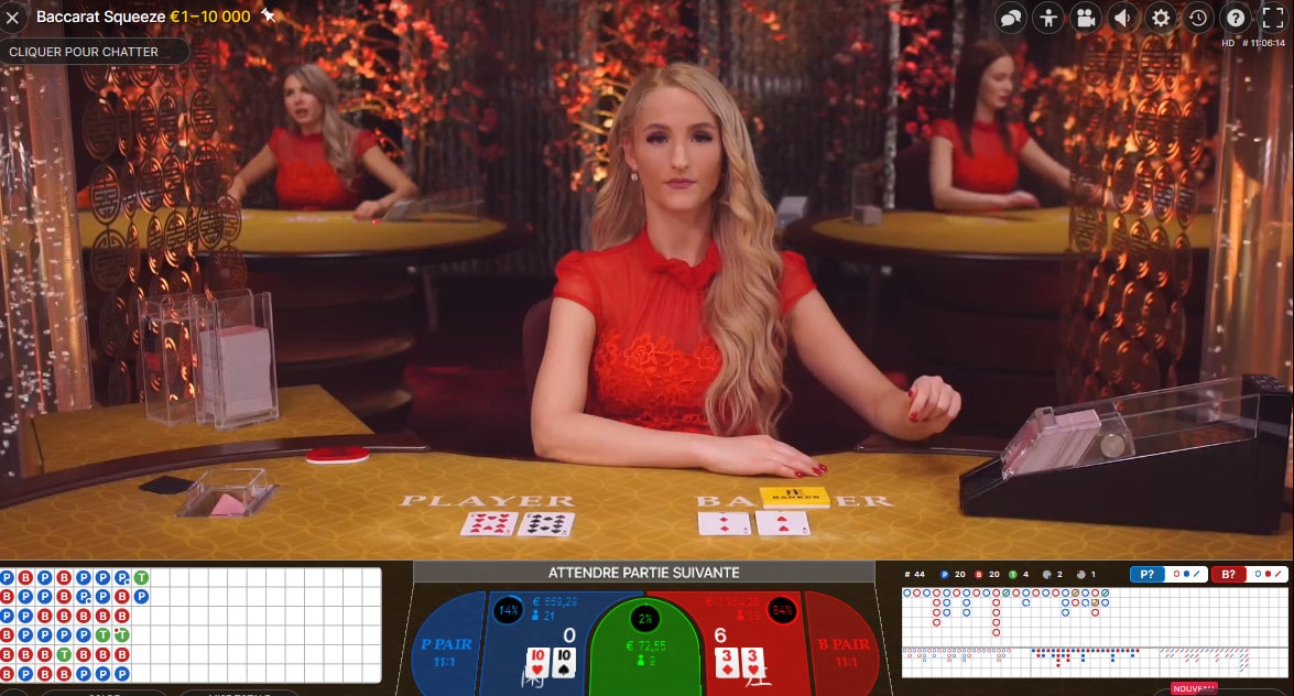 Jeu de Baccarat Squeeze avec croupière en direct d'Evolution