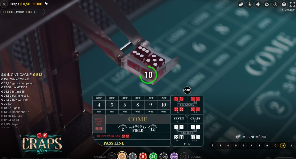 Dés du jeu de Craps en ligne d'Evolution