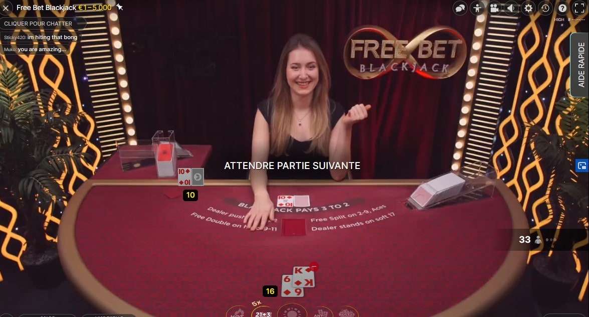 Free Bet Blackjack avec croupière en live d'Evolution