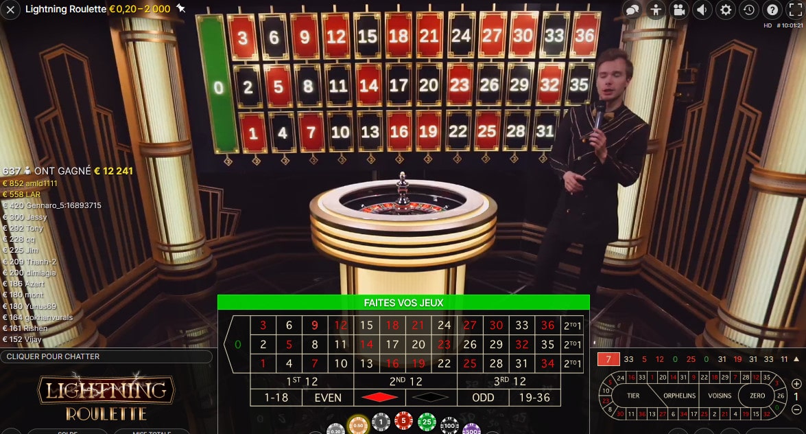 Jeu en Live Lightning Roulette avec croupier en direct Evolution