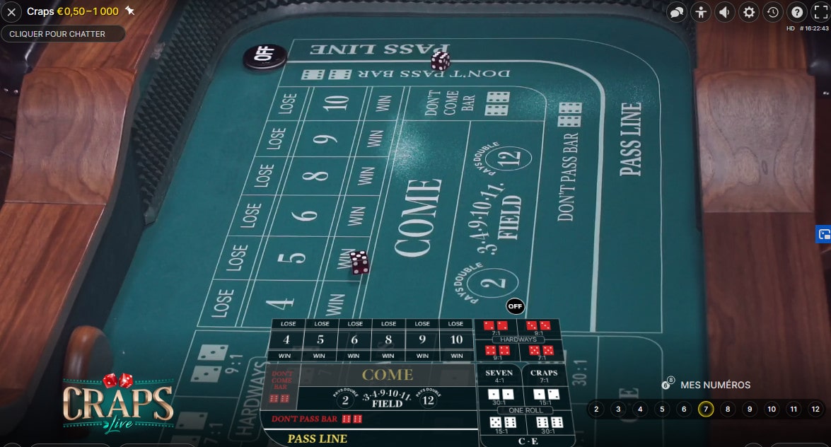 Tapis du jeu de craps en live d'Evolution