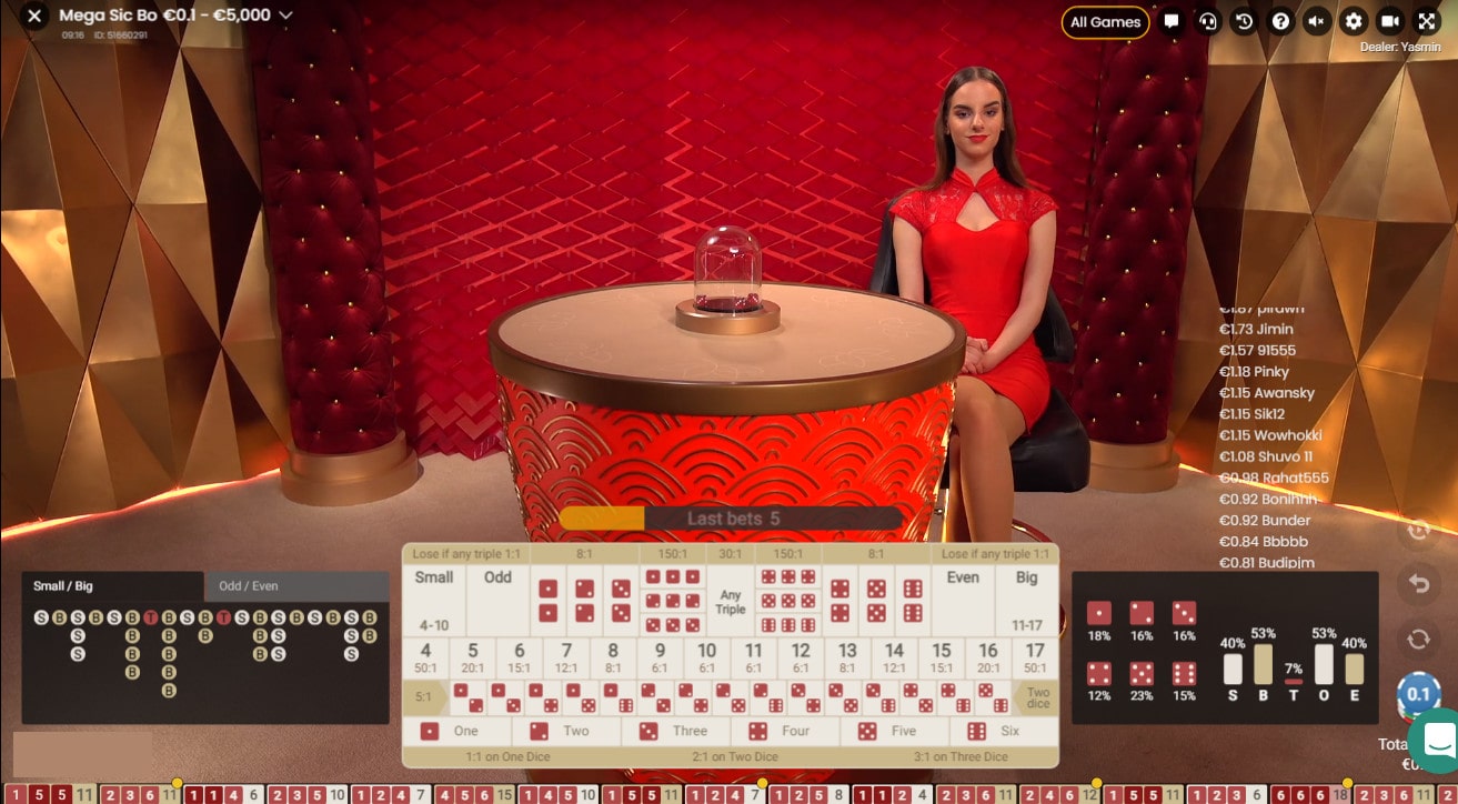 jeu de sic bo avec croupier en direct de Pragmatic Play Live