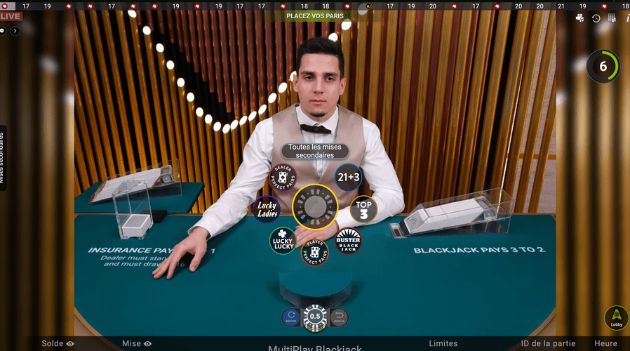 MultiPlay Blackjack est une table de black jack en ligne avec croupier en direct
