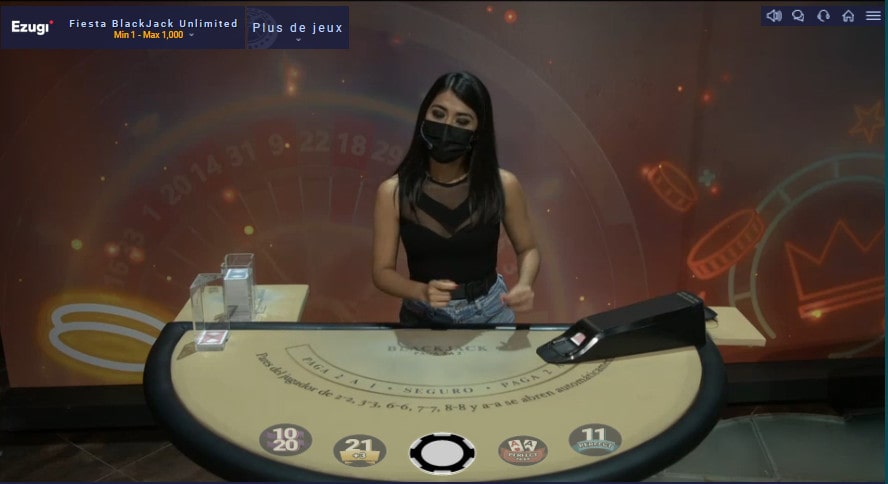 Croupière danse en direct de sa table Fiesta Blackjack d'Ezugi