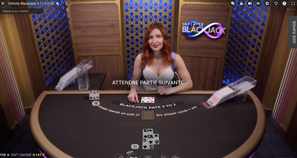 jeu de black jack avec croupier en direct