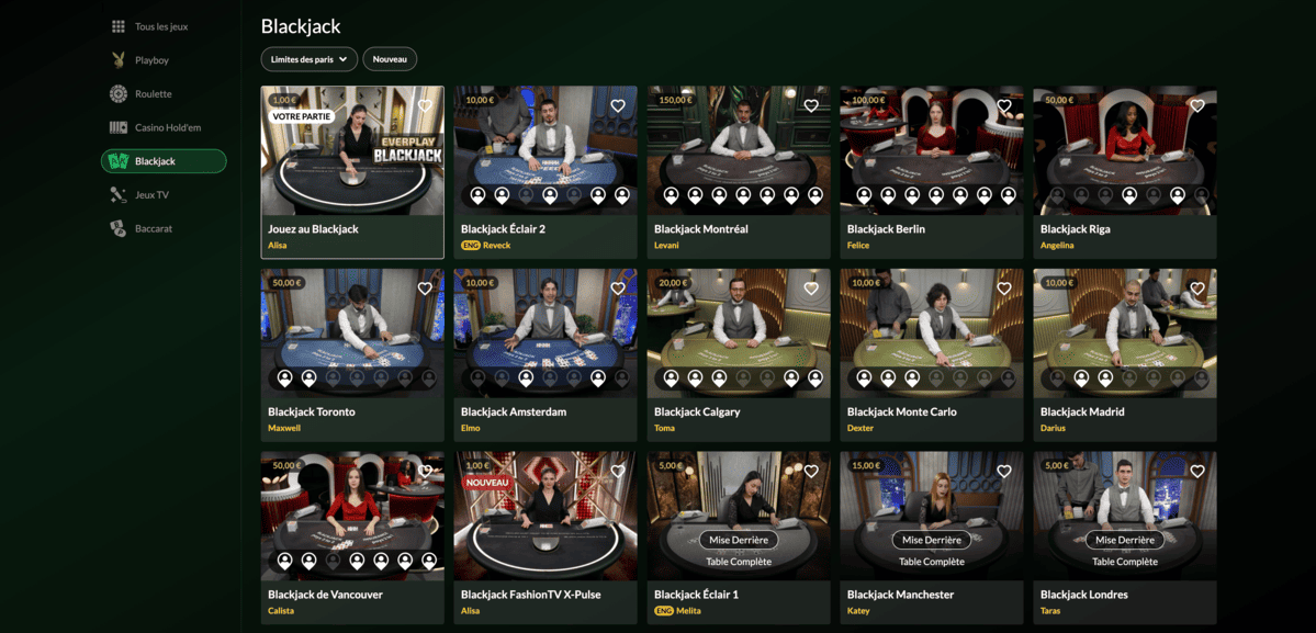 Tables de blackjack en live de Microgaming