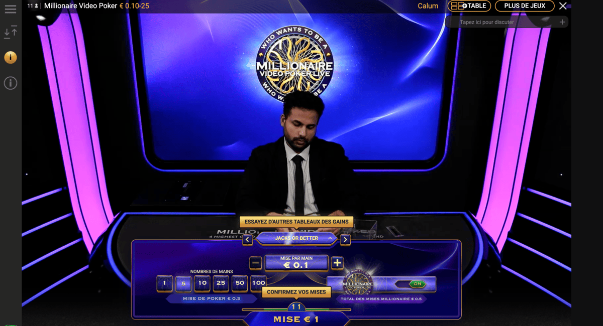 Croupier en direct sur Millionaire Video Poker